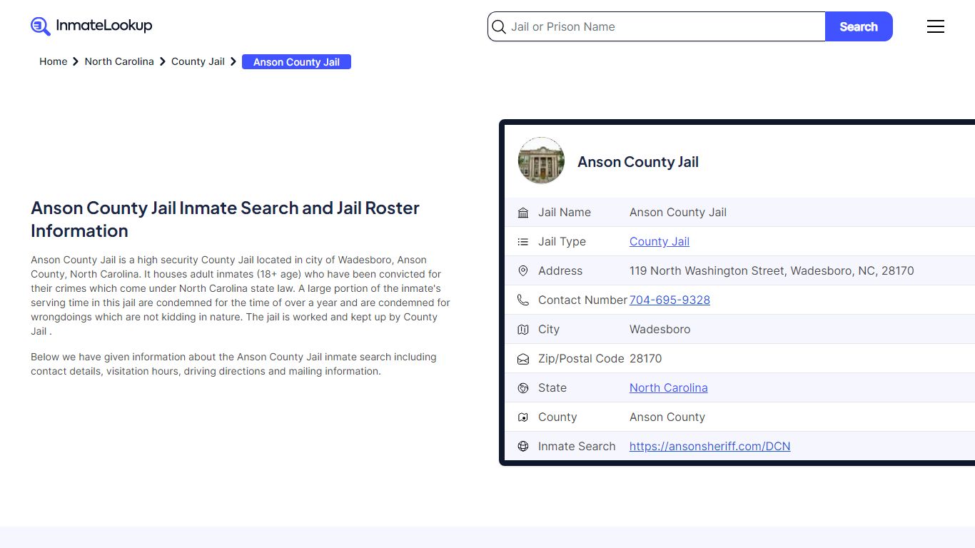 Anson County Jail Inmate Search and Jail Roster Information - Inmate Lookup